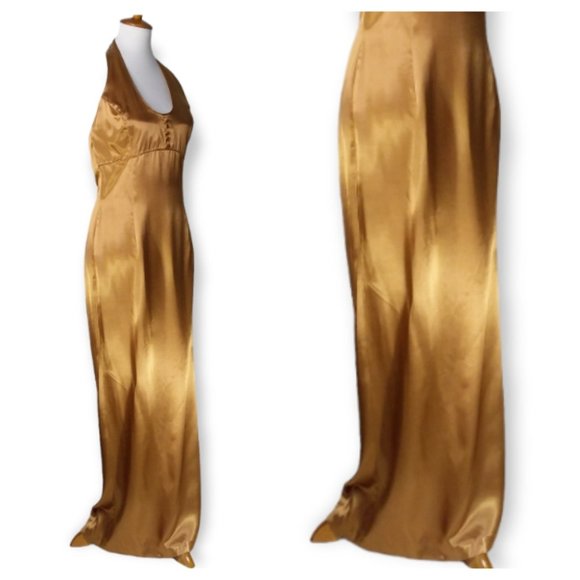 Vtg Jessica McClintock Gunne Sax Maxi Halter Dress Size 7/8 Liquid Gold Metallic - Picture 3 of 12